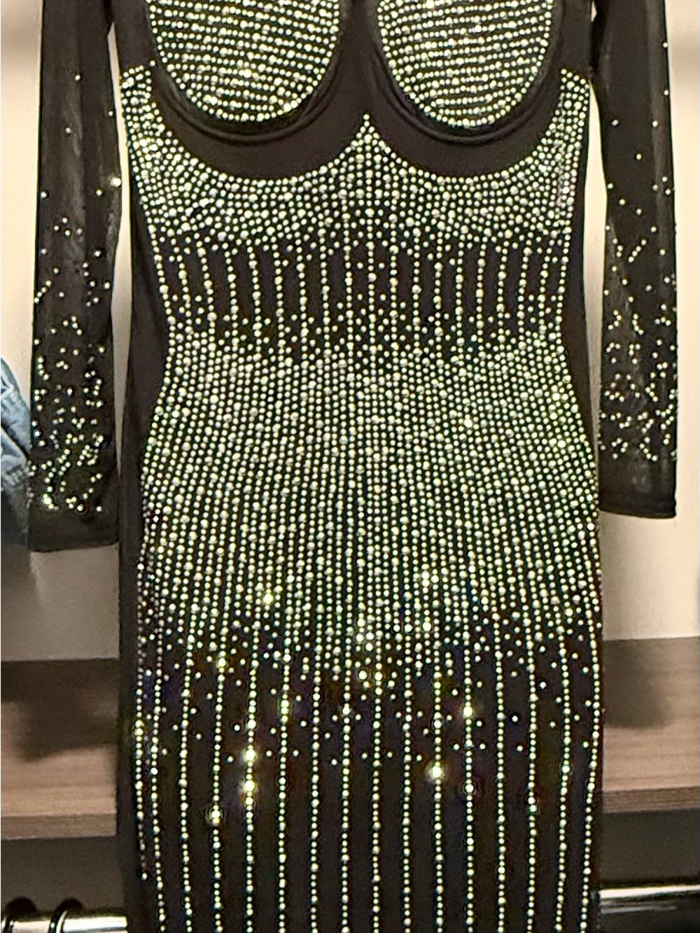 Black Long-Sleeve Rhinestone Bodycon Dress - Black